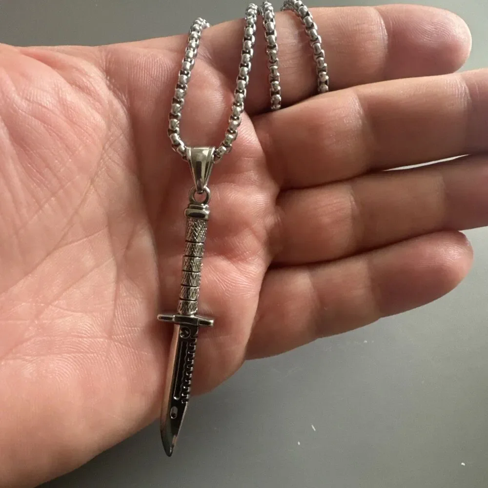 Stainless Steel Silver Plated Dagger Knife Military Pendant 24” Chain Gift Men’s